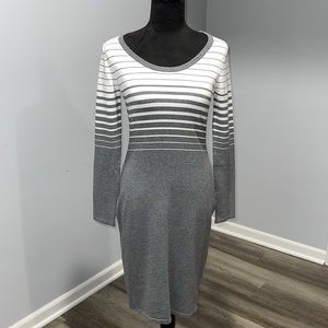 Knit long sleeve striped dress medium gray white NEW